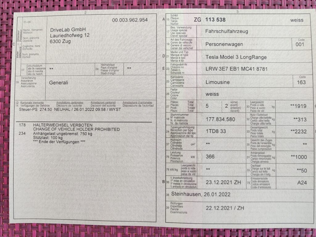 Driving school vehicle registration card