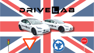 Driving school cars in front of British flag