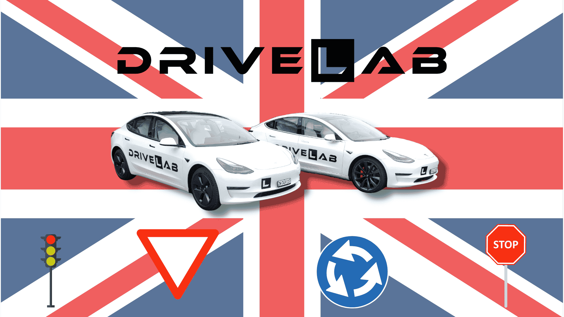 Fahrschulautos vor britisher Flagge